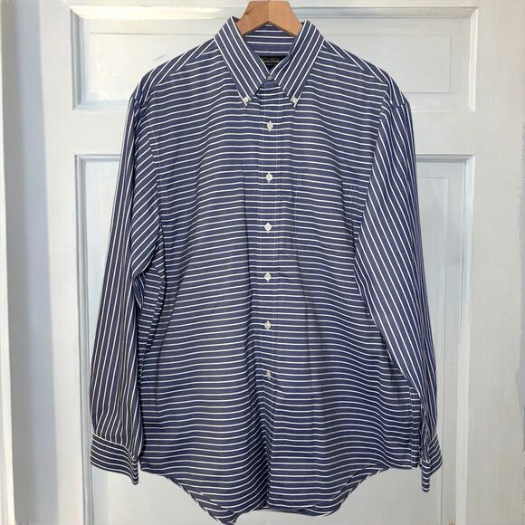 Brooks Brothers Navy Blue Stripped Non iron Men L Button Down Shirt Long Sleeve - Picture 5 of 7